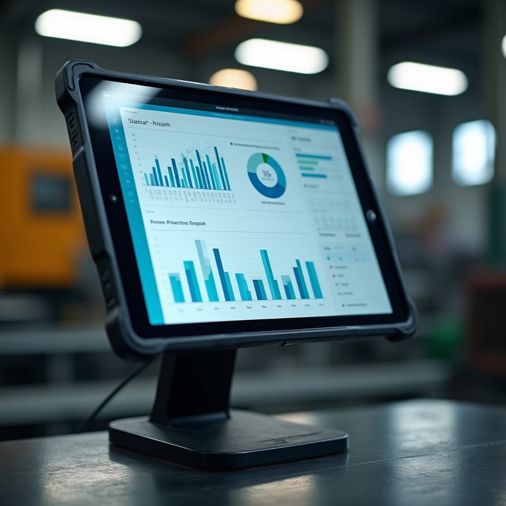 Tablet s dashboardem KPI ukazatelů na výrobní dílně