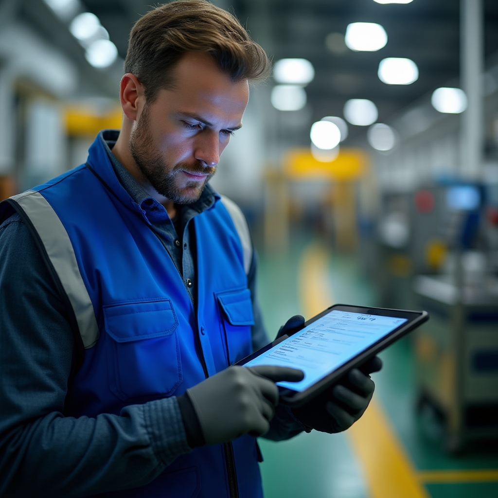 Operátor zadávající data přes tablet na výrobní dílně
